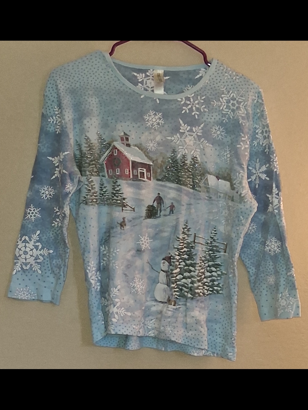 Endless Designs Women's Blue Winter Snow Scene Long Sleeve Top